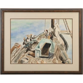 Signed Joann Piccino, Vintage Watercolor Painting Deck of a Fishing Boat with Figures Sorting Catch