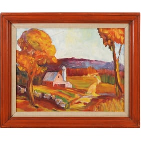 Vintage Oil on Canvas Painting Autumn Farm Landscape, Framed