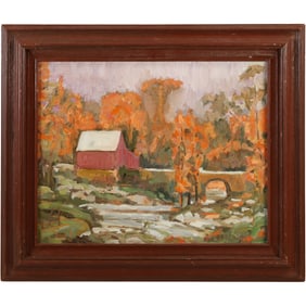 Signed Breslow, Vintage Oil on Canvas Painting Red Barn at Creek's Edge, Framed