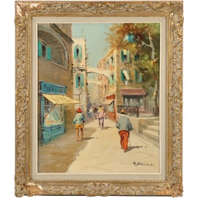 R Cavinio, Vintage Oil on Canvas Painting French Street Scene, Signed, Framed