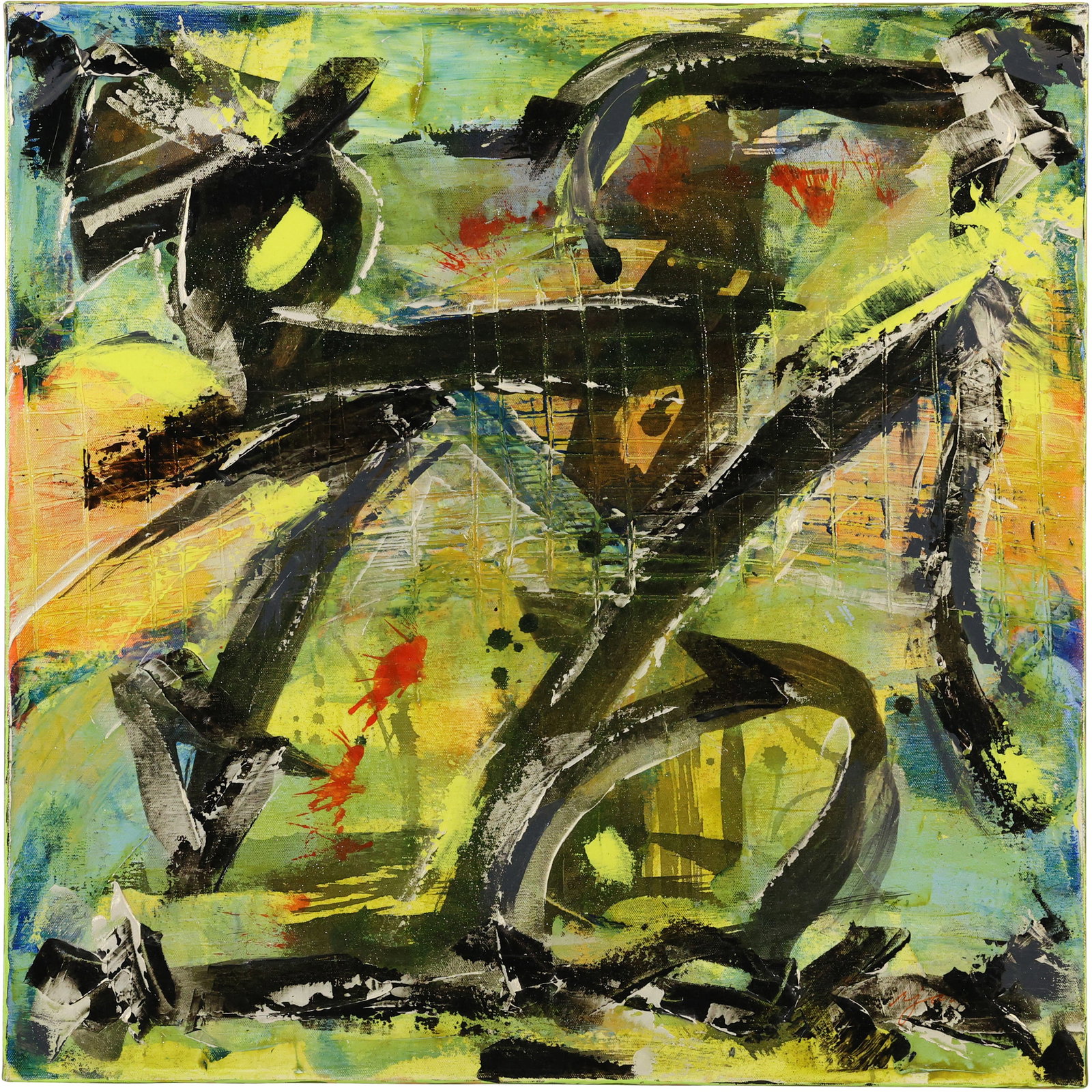 Robin Janning, 20th C. Oil on Canvas Painting Abstract "Dancing Through Shadows" 24 in. x 24 in.: Robin Janning, 20th C. Oil on Canvas Painting Abstract "Dancing Through Shadows" 24 in. x 24 in. size: 24 x 24