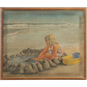 J Charles Miller 1985, Oil on Canvas Painting, Young Girl Playing in Sand on Beach