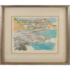 Mediterranean Coastal Town Color Lithograph Signed A. Richard, Numbrred 60/700, Framed