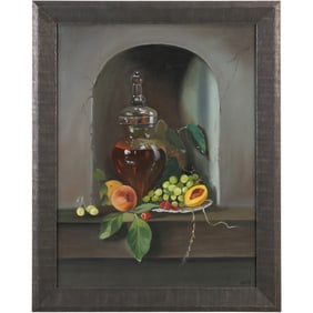 Fine 20th C. Oil Painting Still Life Wine Decanter with Fruits on a Plate in Arch, Artist Signed
