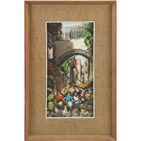 Artist Signed Vintage Oil Painting, Busy Street Market Scene with Figures