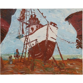 Signed Morton Breslow, Vintage Oil on Board Painting Fishing Boat on Dry Dock