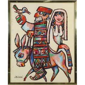 Jovan Obican (1918 - 1986) Croatia, France, Oil on Canvas Painting Man & Woman on Donkey