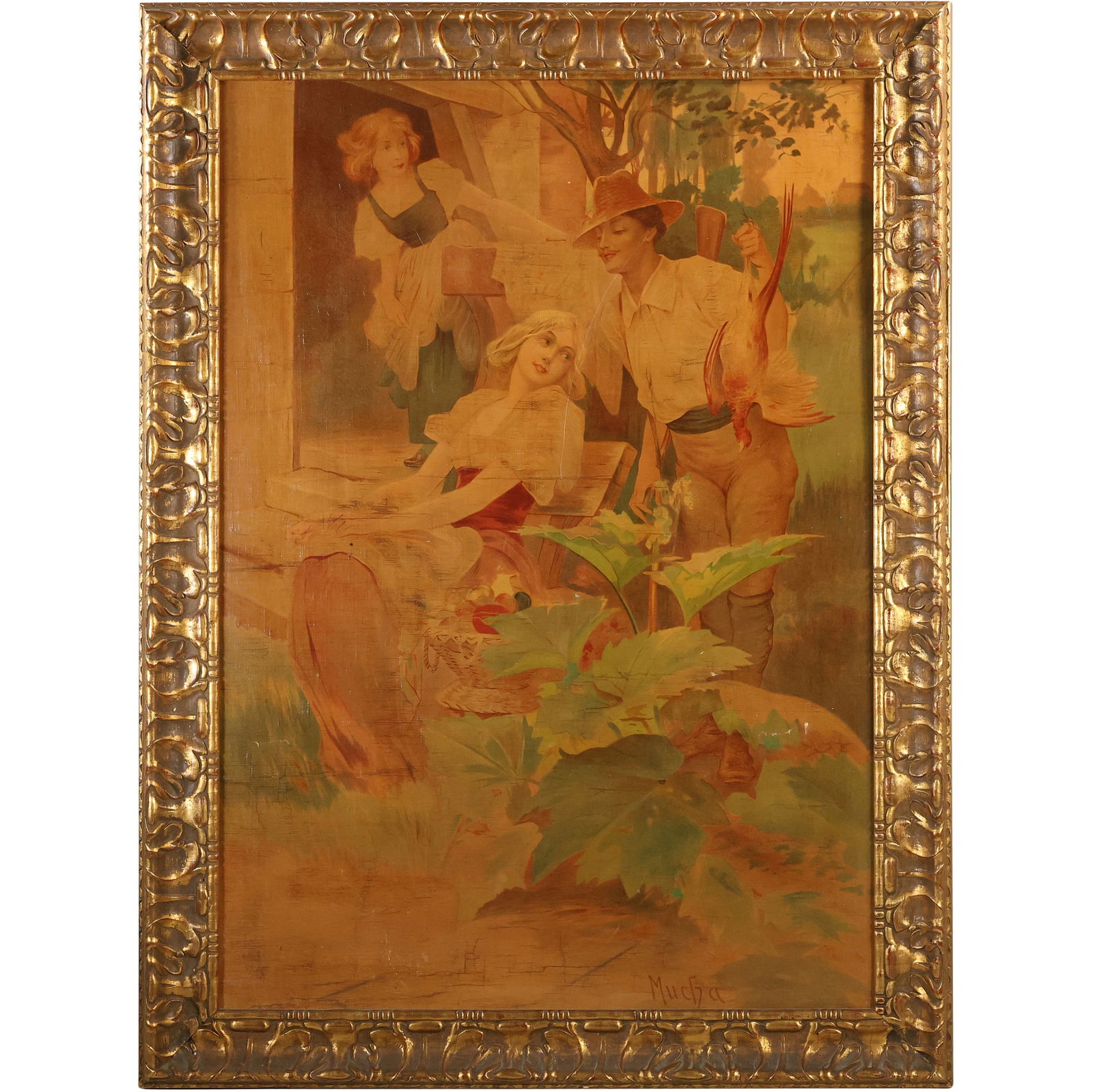 ALPHONSE MUCHA (1860-1939), after The Return from the Hunt Chromolithograph mounted on canvas: ALPHONSE MUCHA (1860-1939), after The Return from the Hunt Chromolithograph mounted on canvas. Signed. Quality Framing. Large Size. size: image 42 inches x 30 inches , outside of frame: 48 inches x 36