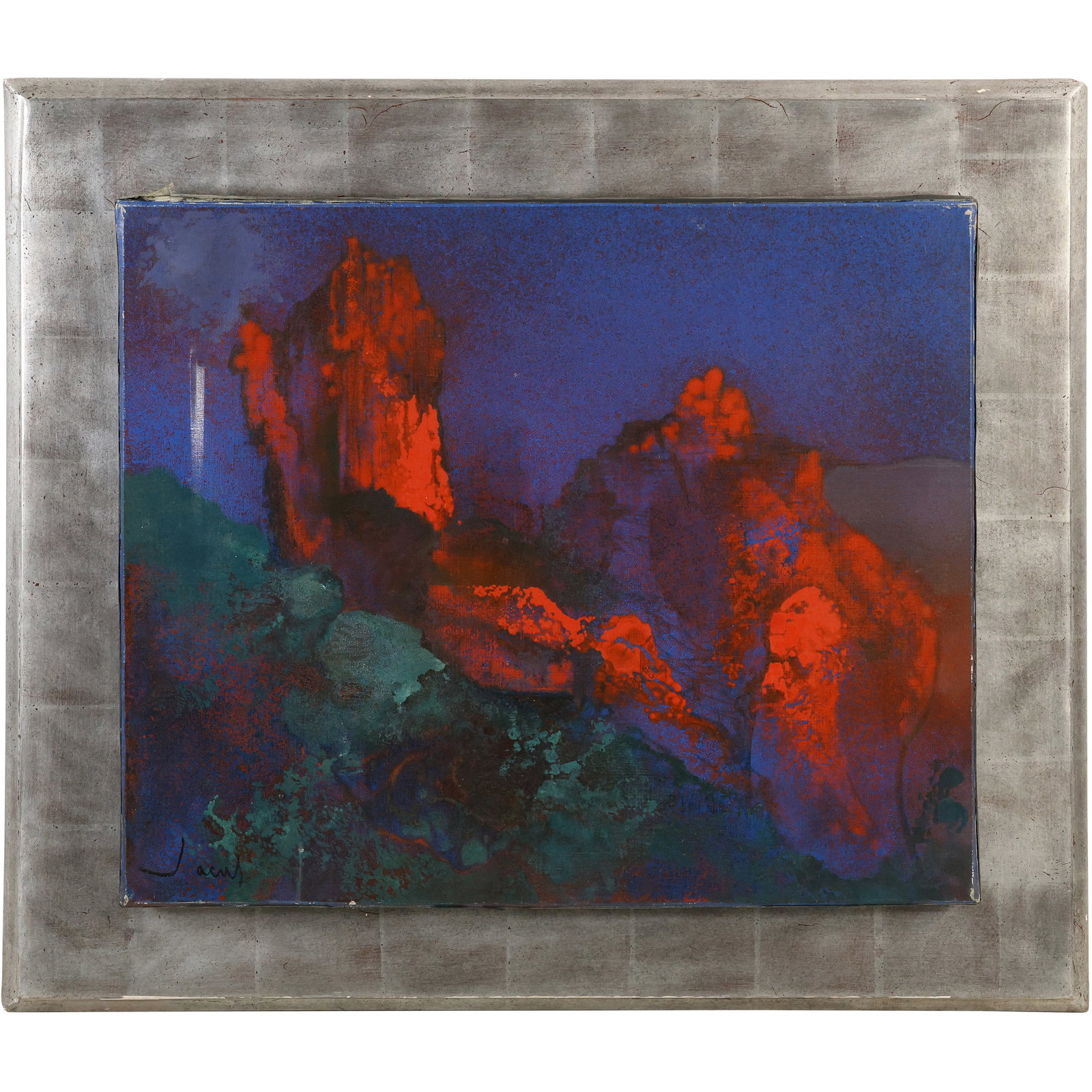 Abstract Oil Painting on Canvas by the French artist Jean-Théobald Jacus (1924-2021).: Abstract Oil Painting on Canvas by the French artist Jean-Théobald Jacus (1924-2021). size: 17.5 x 20.5 outside frame 24 x 28 ; ASKart: He was born in 1924 in Paris, France. Jacus studied at the Beau