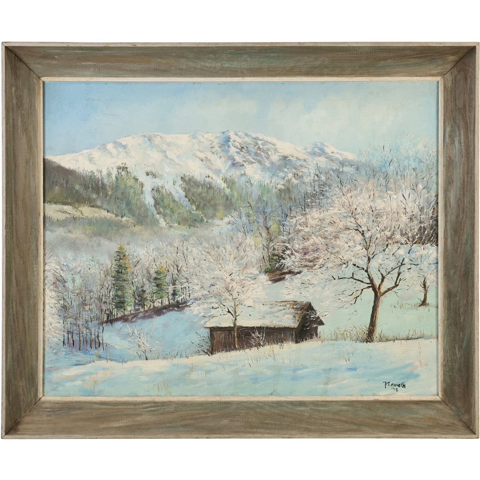 Signed Nemeth 1972, Hungarian Artist, Impressionism Oil on Canvas Painting Winter Landscape: Signed Nemeth 1972, Hungarian Artist, Impressionism Oil on Canvas Painting Winter Landscape. size: 24 x30 outside frame 29 x 35