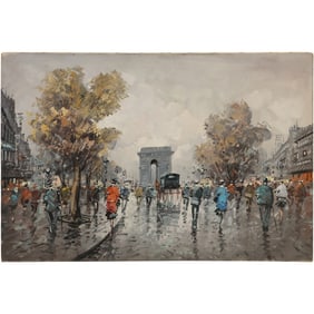 Vintage Oil on Canvas Painting Busy Parisian Street Scene with People 24 inches x 36 inches