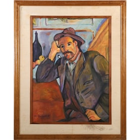 After Paul Cézanne, Oil on Canvas Painting "THE SMOKER" Man Portrait Signed LH Bernard