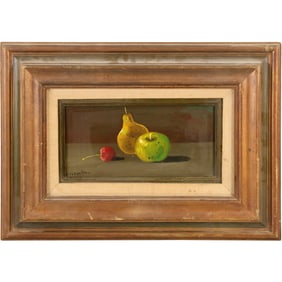 L L Corlino, Fine 20th C. Oil on Canvas Painting Still Life Pear, Apple, Cherry, Framed