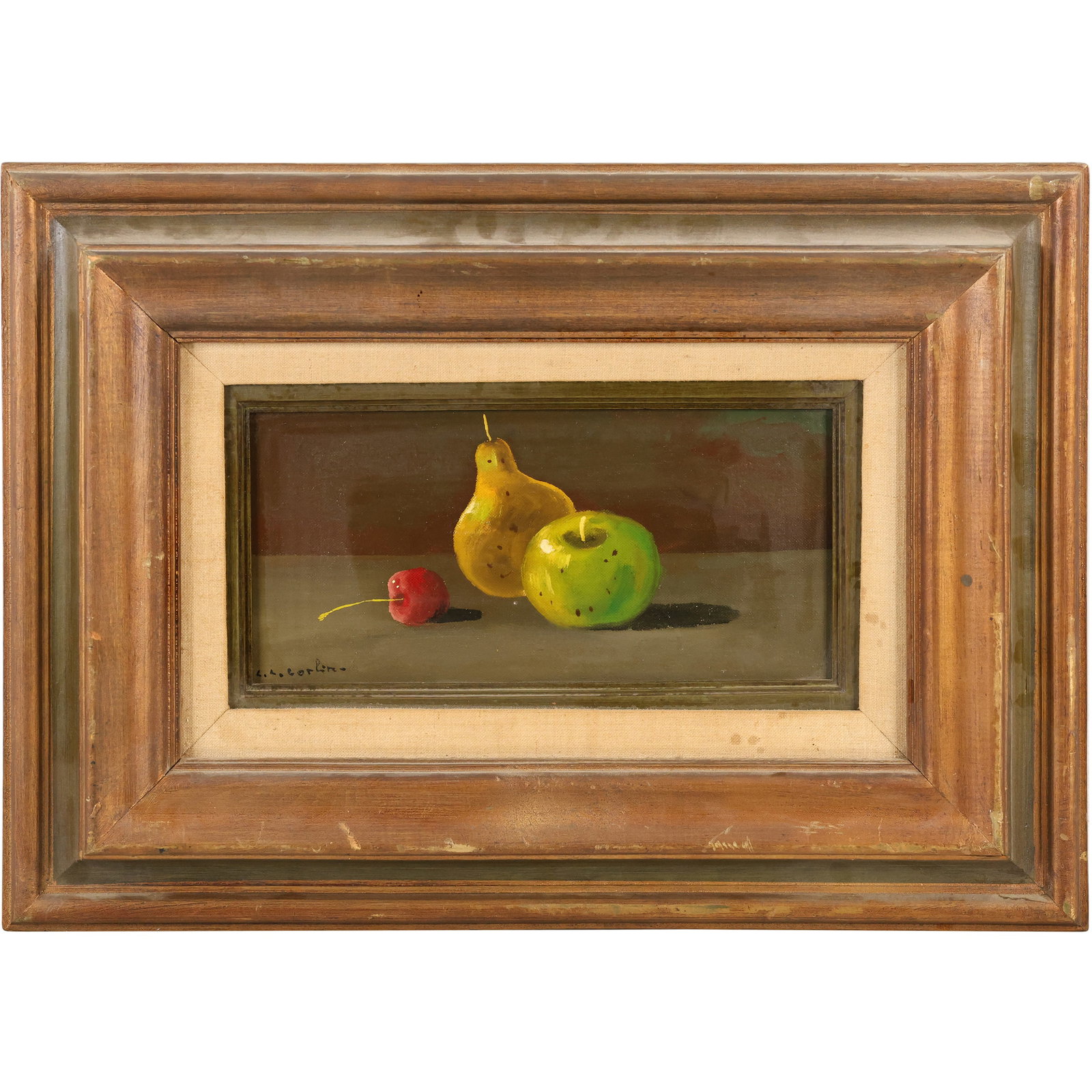 L L Corlino, Fine 20th C. Oil on Canvas Painting Still Life Pear, Apple, Cherry, Framed: L L Corlino, Fine 20th C. Oil on Canvas Painting Still Life Pear, Apple, Cherry, Framed. size: 7 x 13 outside frame 15.5 x 21.5