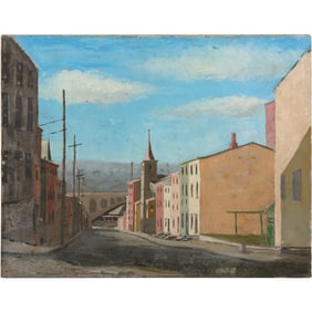 Vintage Oil on Canvas Painting Scene of Industrial Road in Yonkers, New York, 20 in. x 25 in.