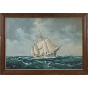 Vintage Nautical Marine Painting Full Sail Clipper Ship on Seas, Artist Signed, Framed
