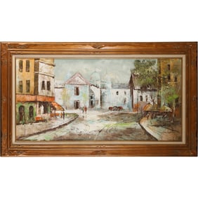 Signed Hurst, 20th C. Large Oil on Canvas Painting European Street Scene, Framed