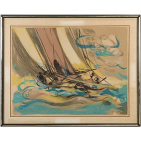 Marcel Mouly, "Voiler Par Grand Vent", 1985 Color Lithograph , Signed & Numbered 40/180, Framed