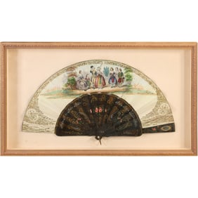 19th C. French Hand Painted "Hand Fan" Mounted in a Shadow Box Display Frame