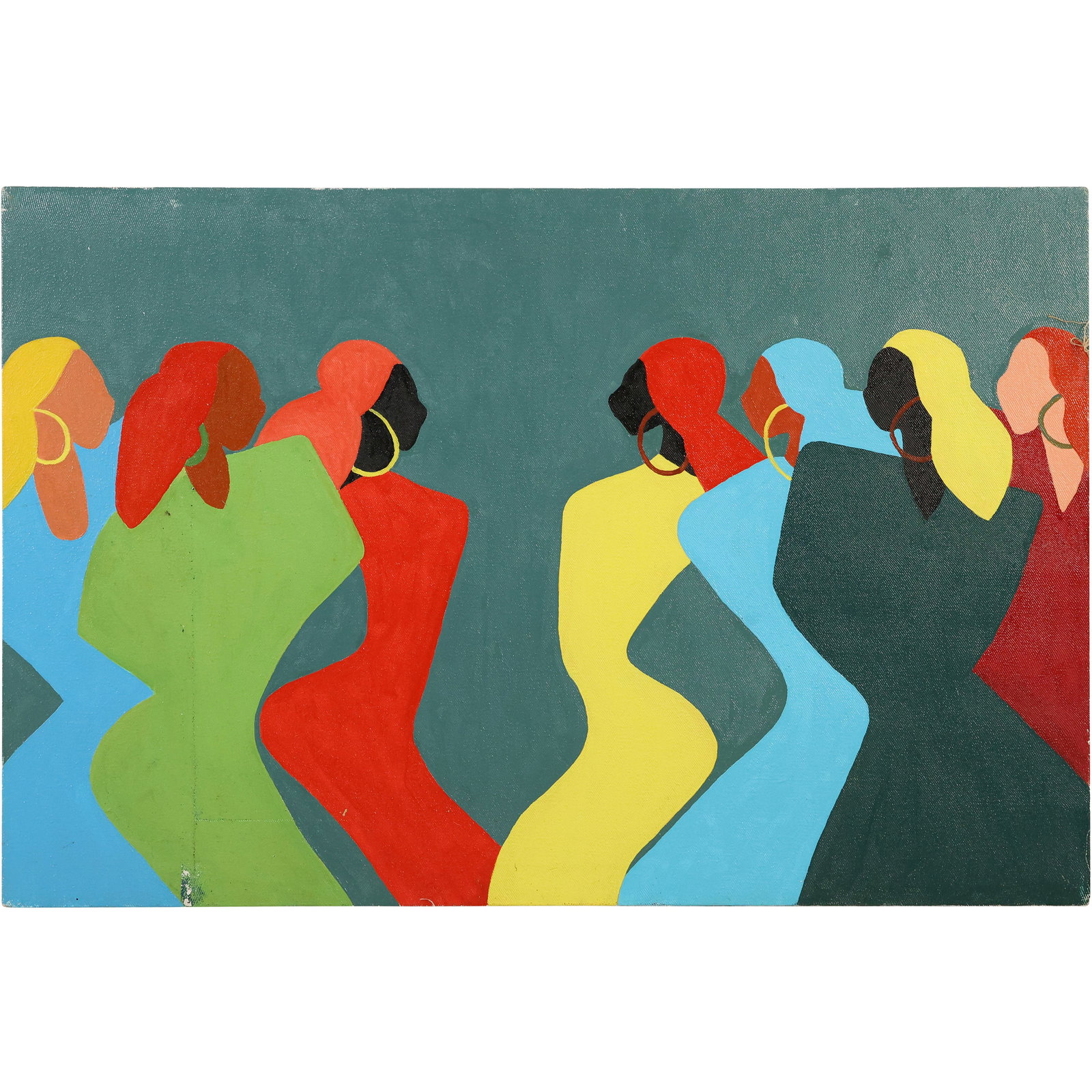 African American Oil on Canvas Painting "Tchokola" by Synthia Saint James. 20 in. x 30 in.: African American Oil on Canvas Painting "Tchokola" by Synthia Saint James. 20 in. x 30 in. created in 1991 and was inspired by the rhythms and music from Jean-Luc Ponty's "Tchokola" CD. Synthia Saint 