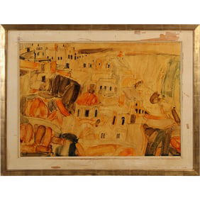 Paul Giovanopoulos, modernist-style view of Santorini, Greece, Tempera Painting, Museum Rental Label