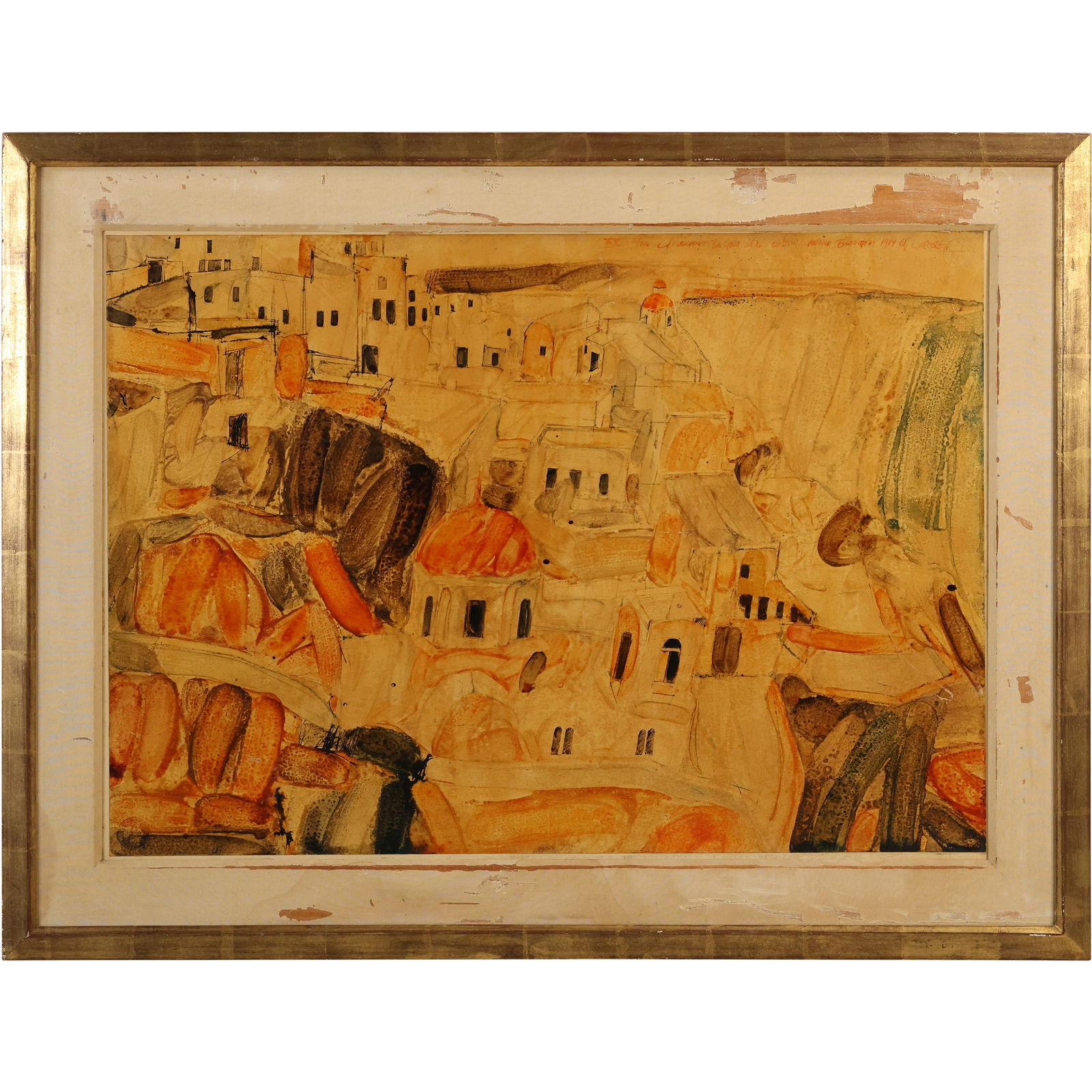 Paul Giovanopoulos, modernist-style view of Santorini, Greece, Tempera Painting, Museum Rental Label: Paul Giovanopoulos, modernist-style view of Santorini, Greece, Tempera Painting, Museum Rental Label on verso. size: 20 x 28 outside frame 26 x 34 ; ASKart: Paul A. Giovanopoulos (Born 1939) is active