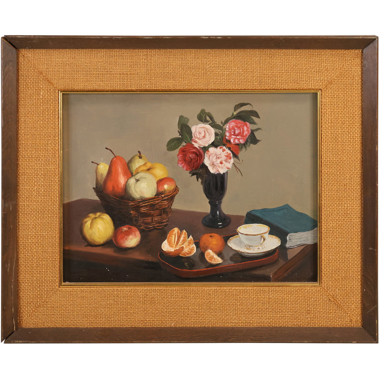 Fine 20th C. Oil on Canvas Painting Still Life Flowers in Vase and Basket of Fruit: Fine 20th C. Oil on Canvas Painting Still Life Flowers in Vase and Basket of Fruit. size: 11 x 14 outside frame 18.5 x 19.5
