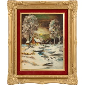 Signed Marg, Vintage Oil Painting Winter Landscape with Homestead and Stream. Framed