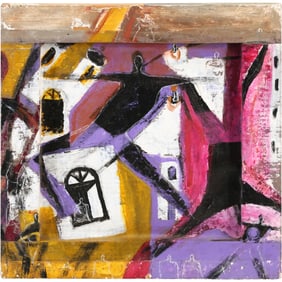 Signed Espinosa, Oil on Canvas Painting Abstract with Floating Figure 13 in. x 13 in.