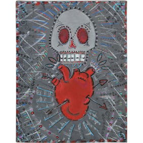 20th C. Oil Painting Skull and a Heart, often Associated with Themes of Life, Death, and Love