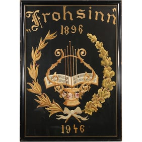 Large Antique Framed Embroidery "Frohsinn" 1896 / 1946, Lyre and Open Song Book 55 in. x 40 in.