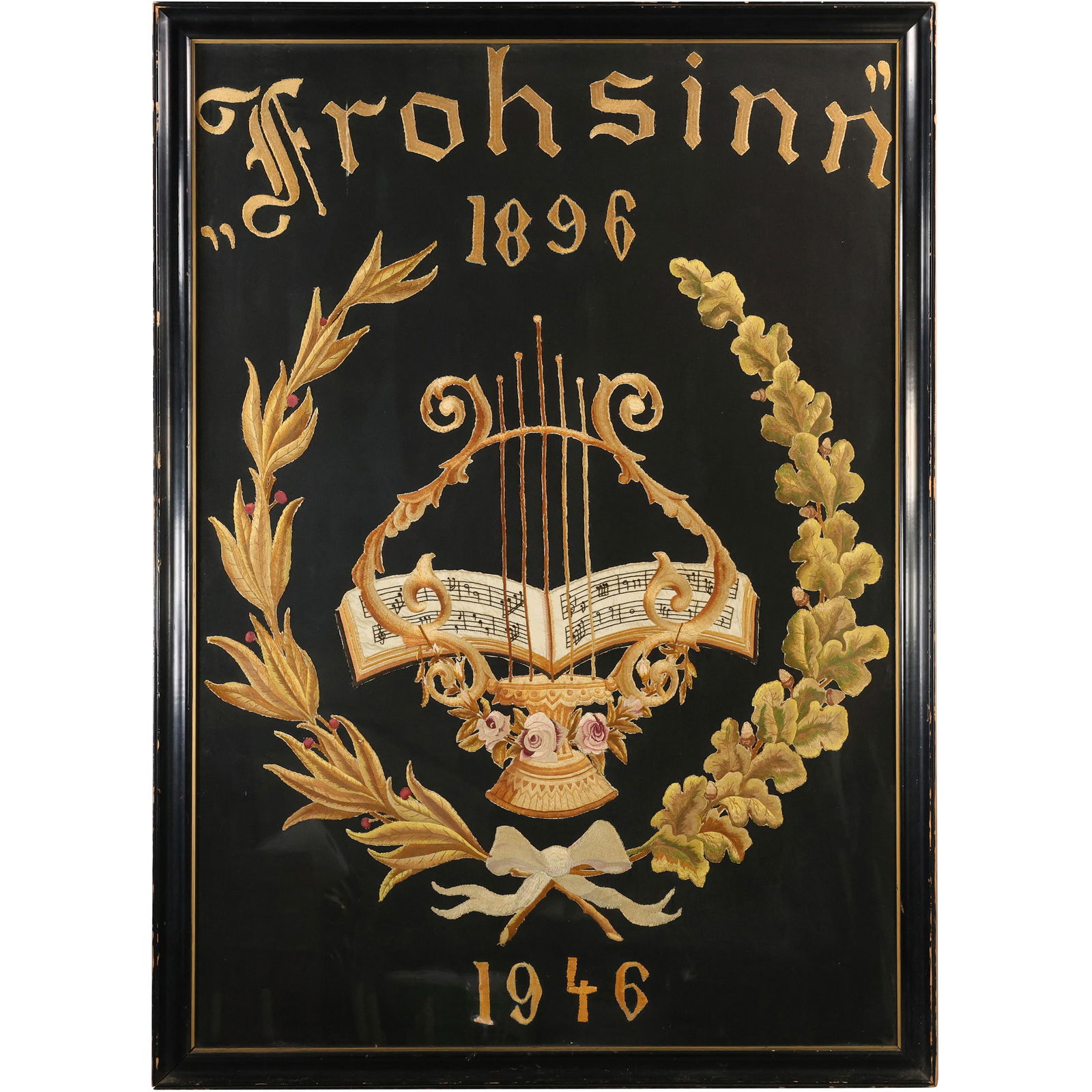 Large Antique Framed Embroidery "Frohsinn" 1896 / 1946, Lyre and Open Song Book 55 in. x 40 in. (1 of 19)