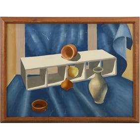 Mid-Century Modern Oil on Canvas Painting Stll Life with Items at White Shelf, Framed