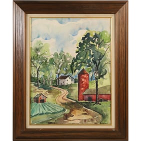 B Wallans, Fine 20th C. Watercolor Painting Countryside Landscape with Barn, Silo, Farmhouse