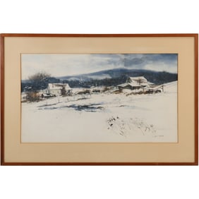 Jack Winn, Canadian Artist 20th C., Fine Watercolor Painting Winter Landscape with Farmhouse