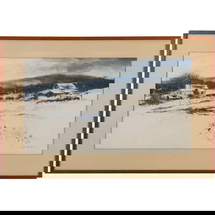 Jack Winn, Canadian Artist 20th C., Fine Watercolor Painting Winter Landscape with Farmhouse: Jack Winn, Canadian Artist 20th C., Fine Watercolor Painting Winter Landscape with Farmhouse. size: 16 x 26.5 outside frame 23 x 33.5