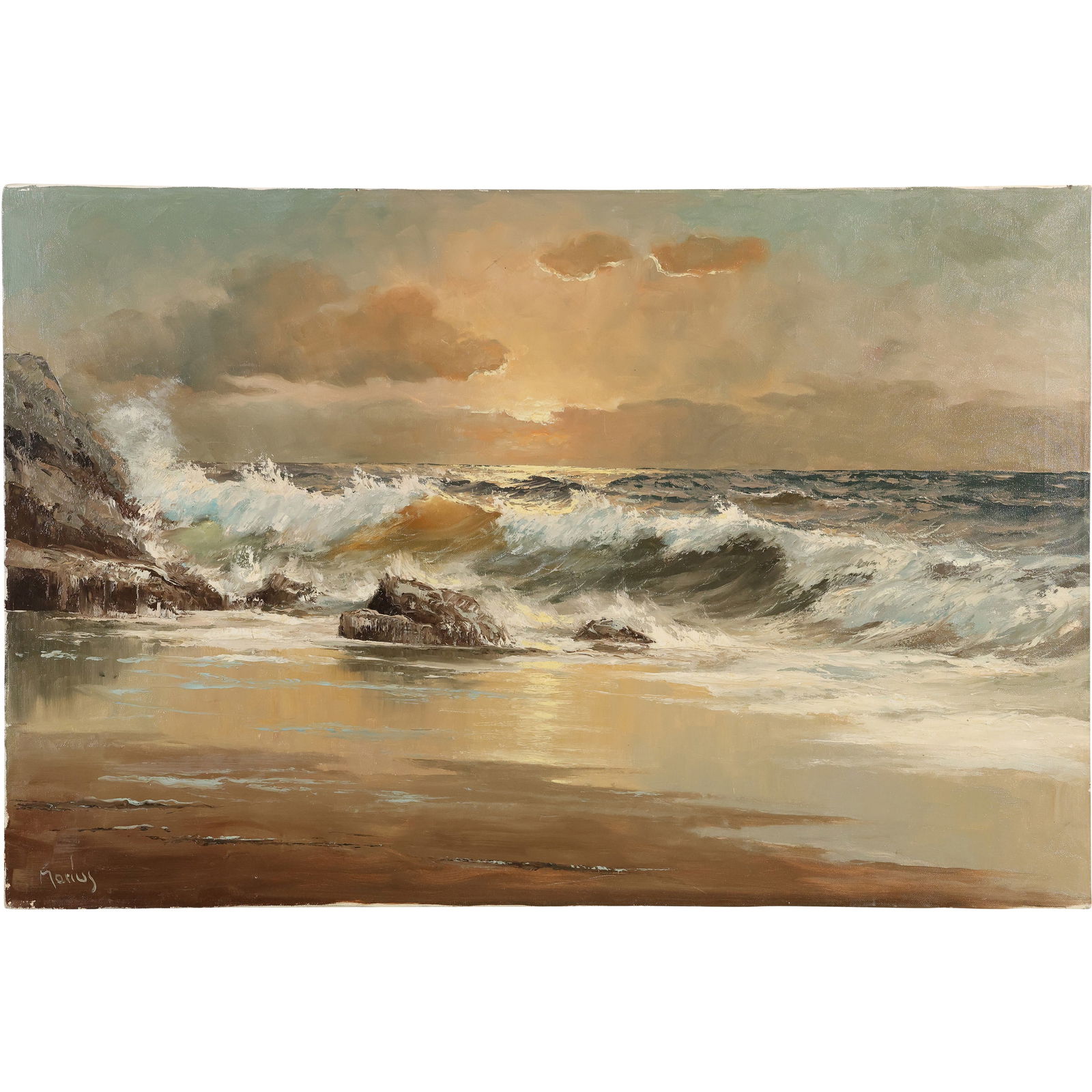 Carl Marius, Fine 20th C. Oil on Canvas Painting Seascape with Crashing Waves, Signed (1 of 18)