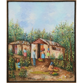 Signed Fritz Bernier, Oil on Canvas Painting Haitian Village Life with Figures, Baskets of Fruit