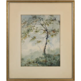 Mariano Ortuzar (Born 1900) Chile, Watercolor Painting. Majestic Tree in Landscape.