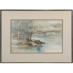 Carol Shupp Sebold (1939 - 2010) Maine, Ohio, Watercolor Painting "Morning Mist" Label on Verso