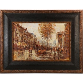 Signed William H. Fine 20th C. Oil Painting Busy Parisian Street Scene, Framed