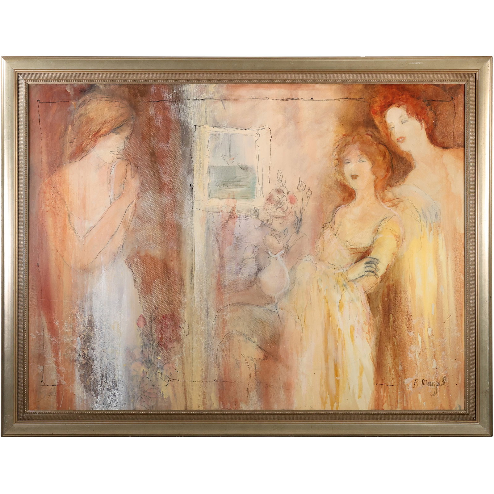 Batia Magal (Born 1953) Israel, Mixed Media Oil Painting Women in Interior, Signed, Framed (1 of 15)