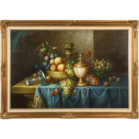 Signed Carl Romney, Fine 20th C. Oil on Canvas Painting Fabulous Still Life with Fruits, Grapes