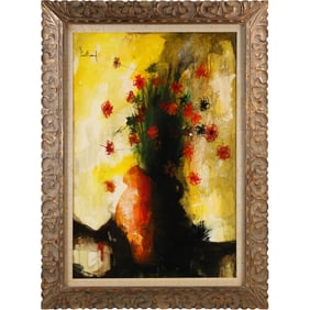 Jean Claude Paillar,. Paris France, Oil Painting Still Life Flowers in Vase, Signed, Label on Verso