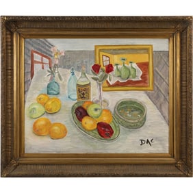 David Albert Clark, 20th C. Oil on Canvas Painting, Table Top Still Life, Label on Verso