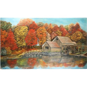 Signed and Dated G E GOSS 1965, Large Size Oil on Canvas Painting GRISTMILL IN AUTUMN
