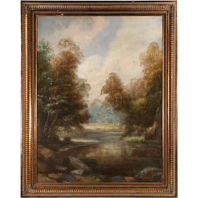 Signed Stephano, Large Romanticized Landscape with Stream Oil on Canvas Painting, Framed