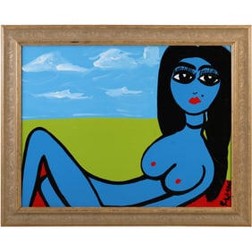 Thomas Pulgini, American, Pop-Art Abstract Oil on Board Painting Reclining Blue Woman