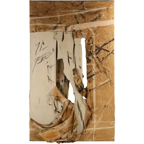 Artist Signed Illegible, Abstract Artwork Mixed Media on Canvas Elements Torn Paper, Fabric, Paint