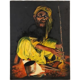 Signed Greenfield, Oil on Canvas Painting Depicts a Smiling Arabian Seated with a Hookah Pipe